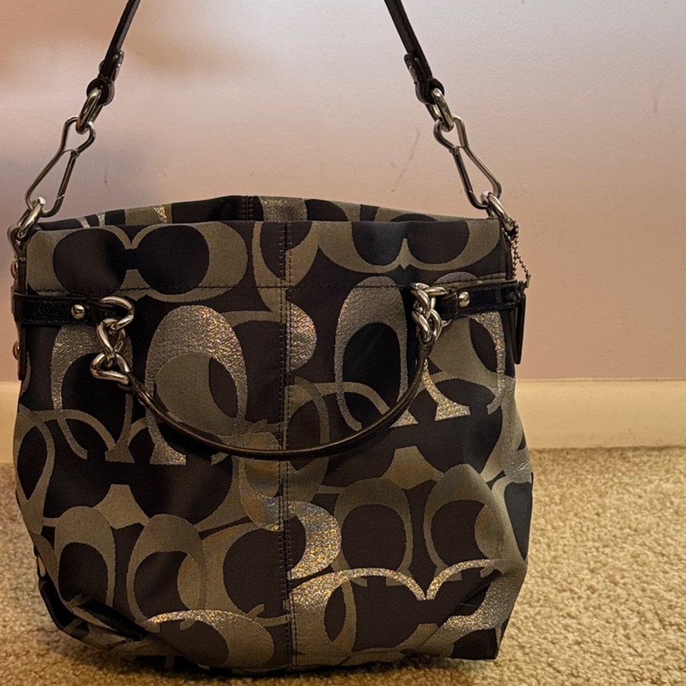 Coach Navy and Silver Signature Shoulder Hobo - Picture 2 of 3